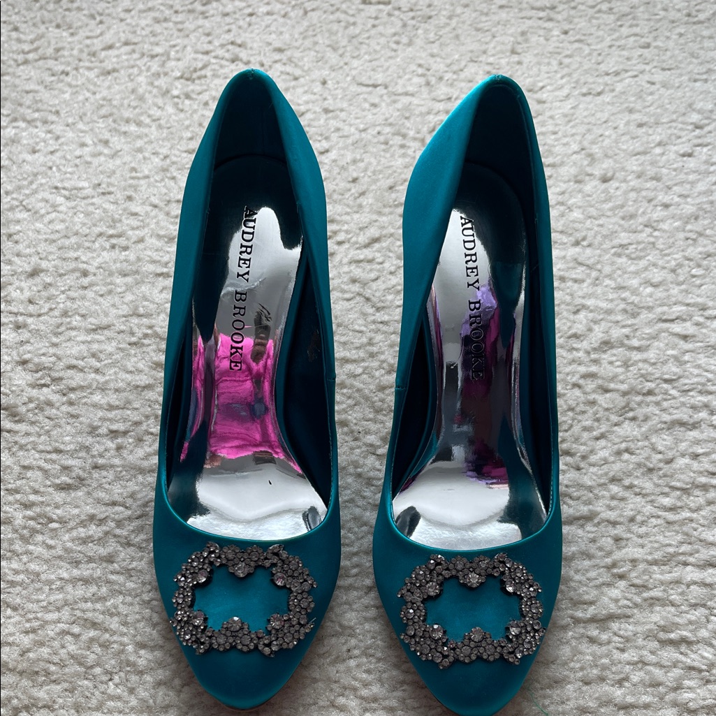 Audrey Brooke Teal Crystal-Accent Pointed Toe Heels